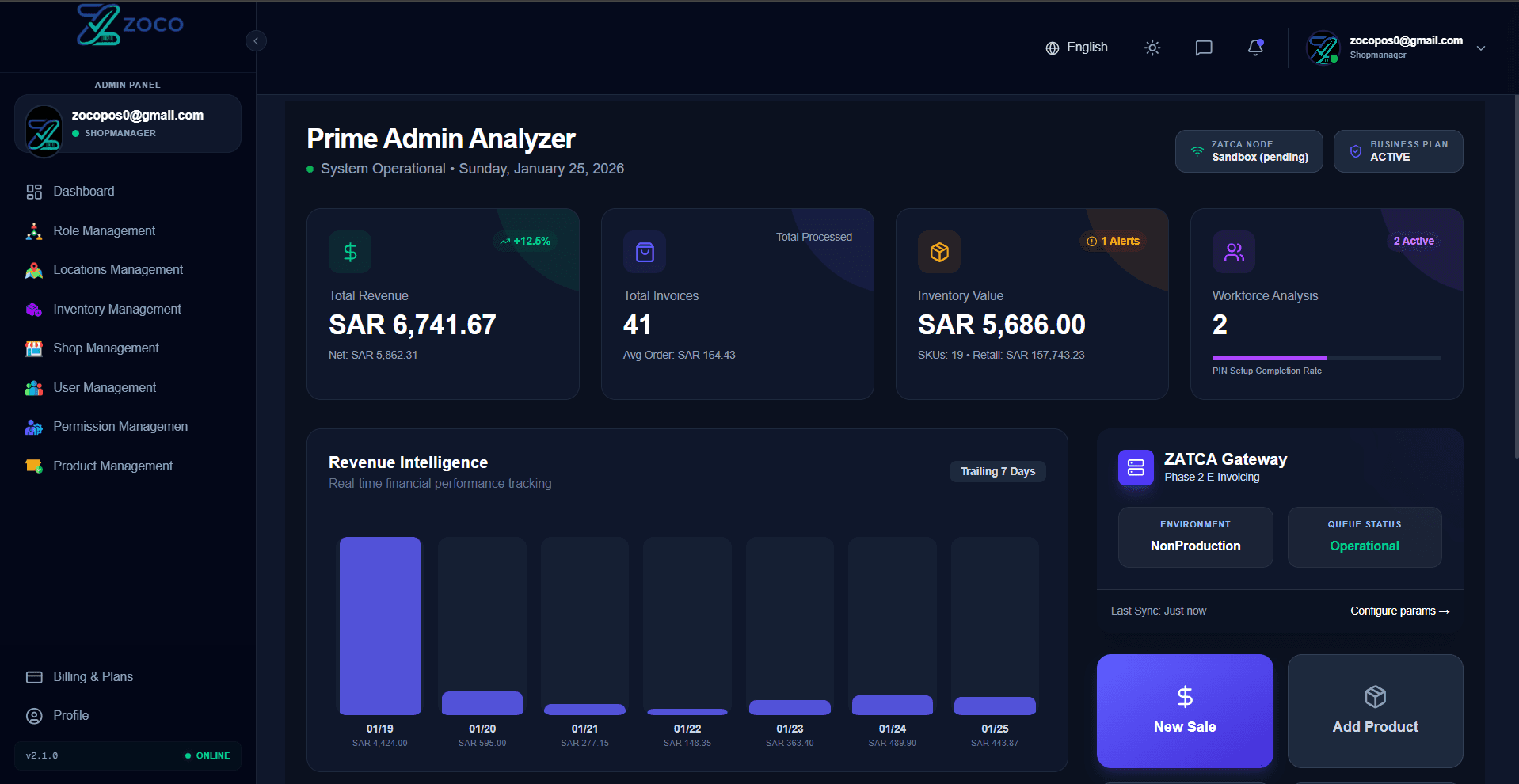 ZocoPOS Main Dashboard Dark