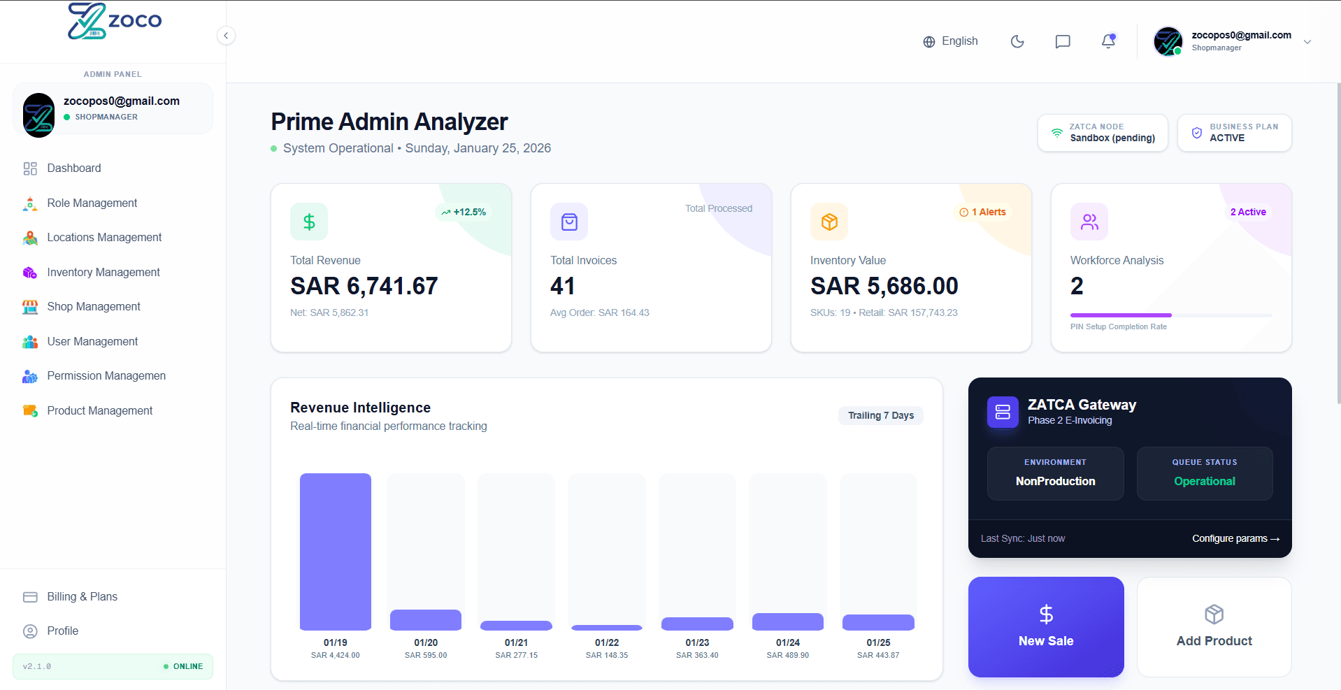 ZocoPOS Main Dashboard Light